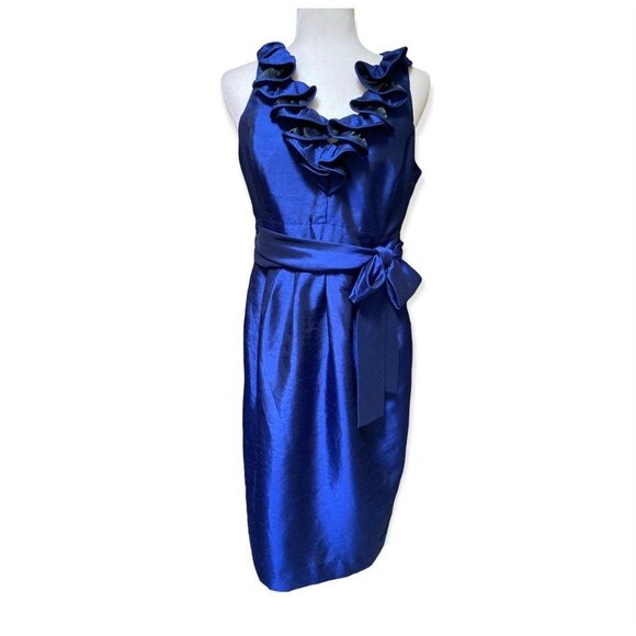 Evan Picone Royal Blue Ruffle Neck Bow Accent Sheath Dress Size 8 - Picture 1 of 12